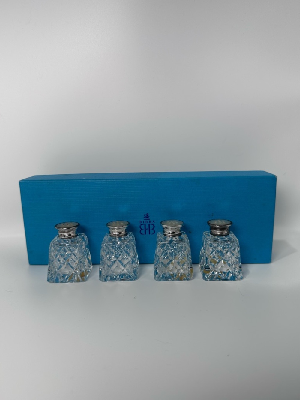 Birks Salt & Pepper Shakers Crystal Sterling Silver & Mother Of Pearl Set Of 4